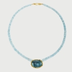 Cabochon Aquamarine and Diamonds Necklace in 18K Yellow Gold-AlmaDiPietra