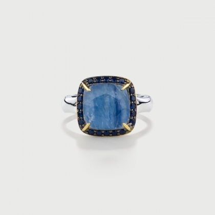 ​Doublet Crystal Quartz with Kyanite and Blue Zircons Gold Plated Silver Ring-AlmaDiPietra