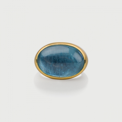 Natural Oval Cabochon Aquamarine Statement Ring in 18K Yellow Gold-AlmaDiPietra
