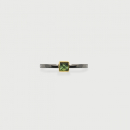 Vivid Green Tourmaline in 14K Gold bezel and Black Rhodium 925 Silver Square band Ring, Unique Solitaire Ring, Gold and Silver Ring, Two-Tone Ring-AlmadiPietra