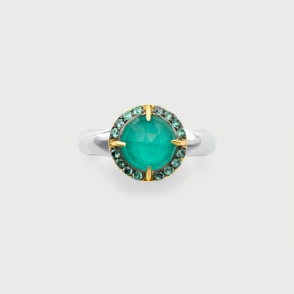 ​Doublet Crystal Quartz with Amazonite and Zircons Gold Plated Silver Ring-AlmadiPietra