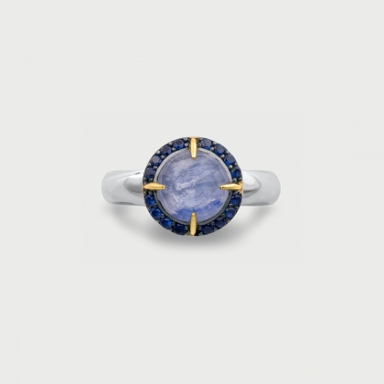 Doublet Crystal Quartz with Kyanite and Blue Zircon gemstones Gold Plated Silver Ring-AlmadiPietra