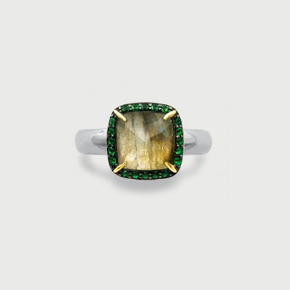 Labradorite Doublet with Green Zircon gemstones Gold Plated Silver Ring-AlmadiPietra