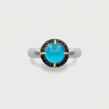 Doublet Crystal Quartz with Turquoise and Black Zircon Gemstones Gold Plated Silver Ring-AlmadiPietra