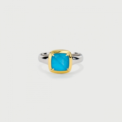 Doublet Crystal Quartz with Turquoise Gold Plated Silver Ring-AlmadiPietra