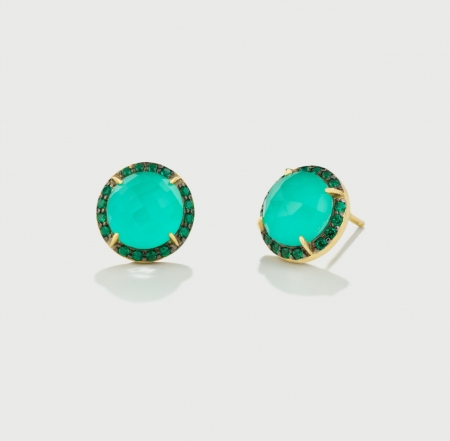 Blue Green Chalcedony Doublet and Green Zircon gemstones Stud Earrings in Gold Plated Silver-AlmadiPietra