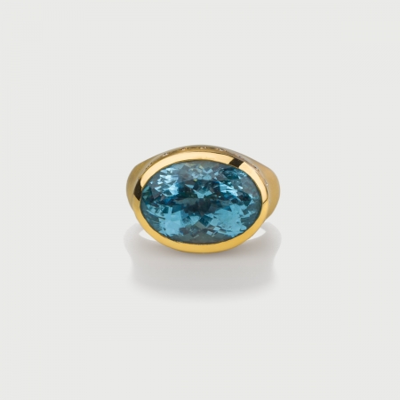 Oval Custom Cut Aquamarine with Diamonds Statement Ring in 18K Yellow Gold-AlmaDiPietra