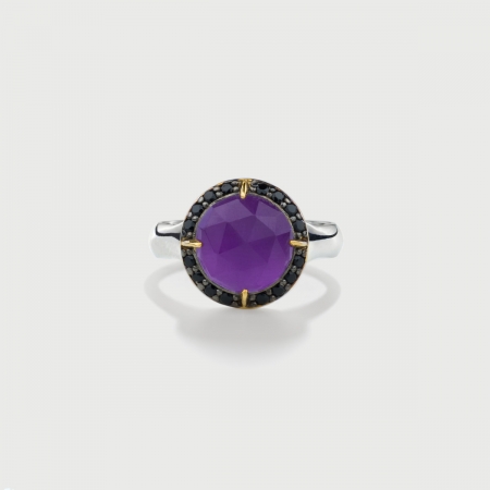 ​Doublet Crystal Quartz with Amethyst and Black Zircons Gold Plated Silver Ring-AlmaDiPietra