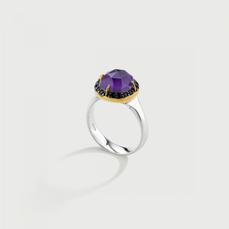 ​Doublet Crystal Quartz with Amethyst and Black Zircons Gold Plated Silver Ring-AlmaDiPietra