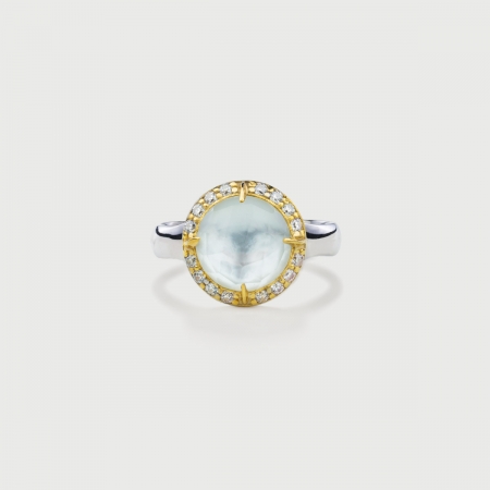 ​Doublet Crystal Quartz with Mother of Pearl and White Zircons Silver Gold Plated Ring-AlmaDiPietra