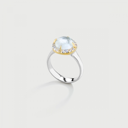 ​Doublet Crystal Quartz with Mother of Pearl and White Zircons Silver Gold Plated Ring-AlmaDiPietra