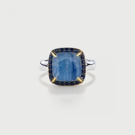 ​Doublet Crystal Quartz with Kyanite and Blue Zircons Gold Plated Silver Ring-AlmaDiPietra