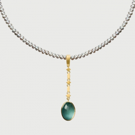 ​Pearls Necklace with ​Aquamarine Cabochon in 18K Yellow Gold Pendant-AlmaDiPietra
