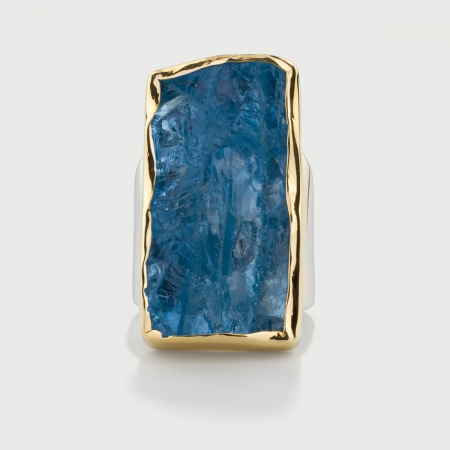 Natural Rough Aquamarine Ring in 14K Gold and Silver 925, Rectangle Statement Ring​-AlmaDiPietra