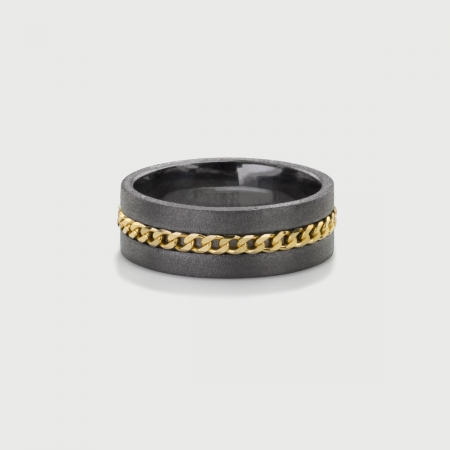 ​​Narrow Textured Silver Band Ring with 14K Gold Chain-AlmaDiPietra