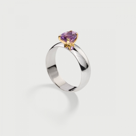 Amethyst on 14K Gold Head and Polished Silver 925 Band Ring​-AlmaDiPietra