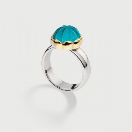 Doublet Crystal Quartz with Turquoise on 14K Yellow Gold and Silver 925 Ring-AlmaDiPietra