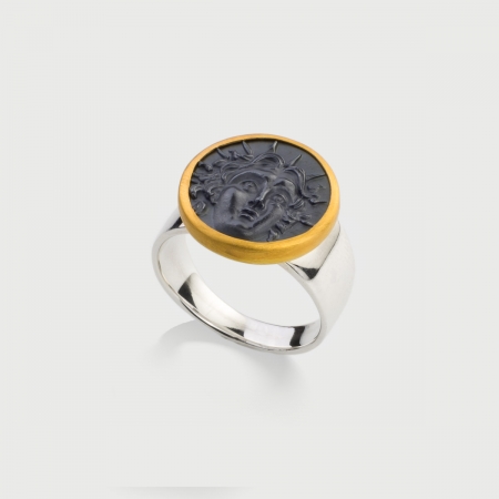 Ancient Greek depiction carved on Hematite, 22K Gold and Silver 925 Ring-AlmaDiPietra