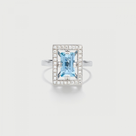 Natural Aquamarine with Diamond Halo Ring in 18K White Gold-AlmaDiPietra