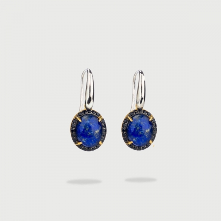 ​Doublet Crystal Quartz with Lapis Lazuli with Black Zircons Silver Drop Earrings-AlmaDiPietra