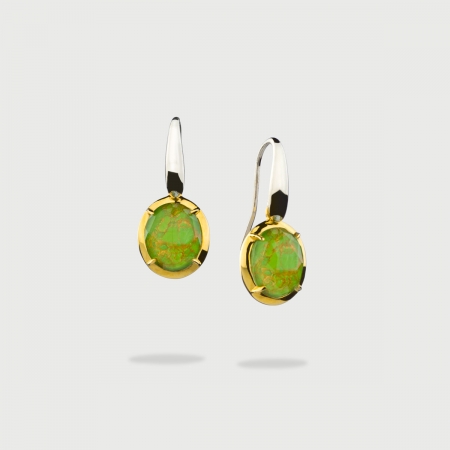 Doublet Crystal Quartz with Green Copper Gold Plated Dangling Silver  drop Earrings-AlmaDiPietra