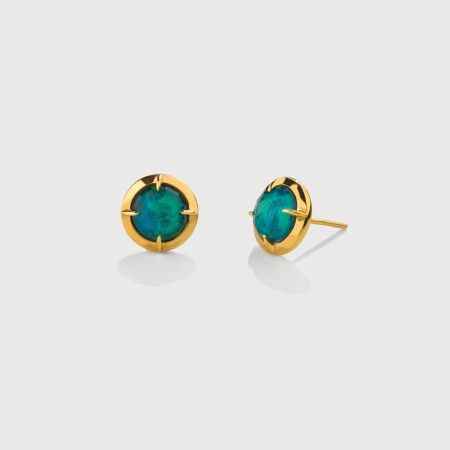 ​Doublet Crystal Quartz with Chrysocolla Gold Plated Silver Stud Earrings-AlmaDiPietra