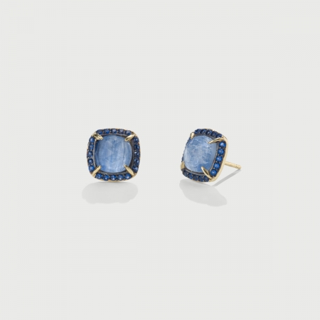 ​Doublet Crystal Quartz with Kyanite and blue Zircons Gold Plated Stud Earrings-AlmaDiPietra