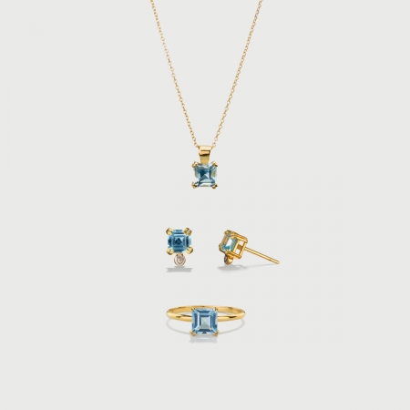 Sky Blue Topaz Set of solitaire ring, stud earrings and dainty pendant in 14K Gold​-AlmaDiPietra