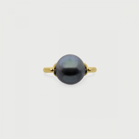 Black iridescent Pearl ring in 14K Yellow Gold-AlmadiPietra