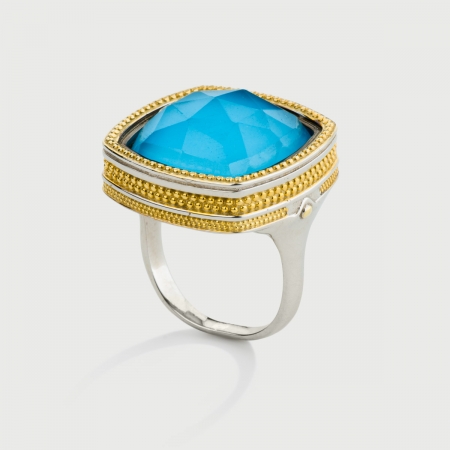 Doublet Crystal Quartz with Turquoise Silver Ring-AlmadiPietra