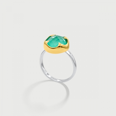Doublet Crystal Quartz with Blue Green Chalcedony Gold Plated Silver Ring-AlmadiPietra