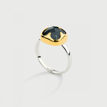 Doublet Crystal Quartz with Hematite Gold Plated Silver Ring-AlmadiPietra