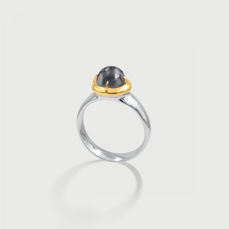 Doublet Crystal Quartz with Hematite Gold Plated Silver Ring-AlmadiPietra