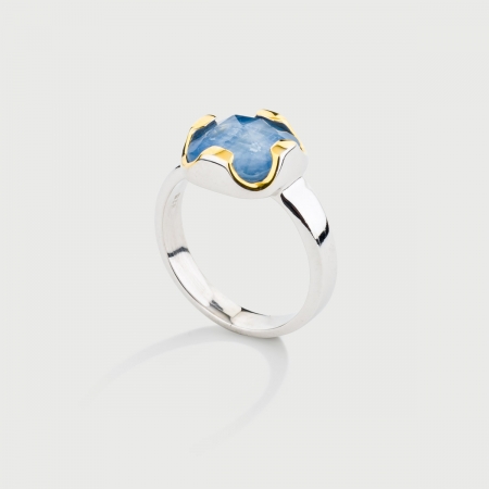Doublet Crystal Quartz with Kyanite Gold Plated Silver Ring-AlmadiPietra