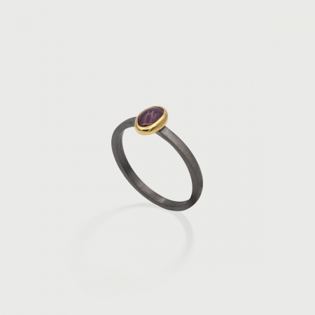 Cabochon Ruby in 14K Gold bezel and matte finished Black Rhodium plated 925 Silver band Ring, Unique Solitaire Ring, Gold and Silver Ring, Two-Tone Ring-AlmadiPietra