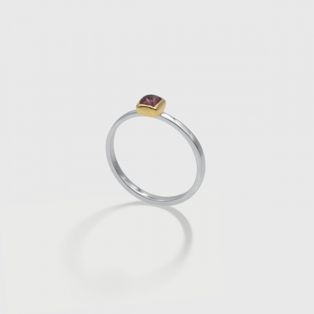Pink Tourmaline in 14K Gold bezel and white rhodium plated 925 Silver Square band Ring, Unique Solitaire Ring, Gold and Silver Ring, Two-Tone Ring-AlmadiPietra