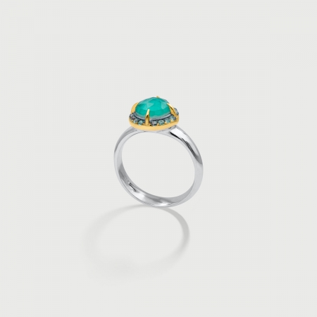 ​Doublet Crystal Quartz with Amazonite and Zircons Gold Plated Silver Ring-AlmadiPietra