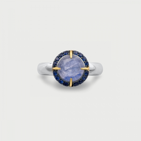 Doublet Crystal Quartz with Kyanite and Blue Zircon gemstones Gold Plated Silver Ring-AlmadiPietra