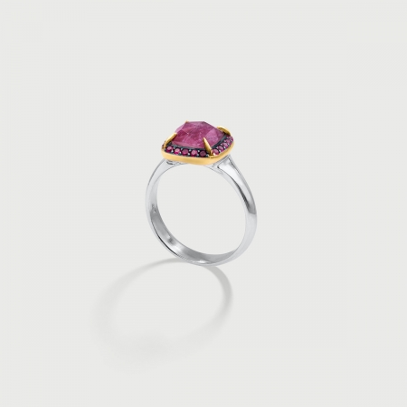 Doublet Crystal Quartz with Ruby and Red Zircon Gemstones Gold Plated Silver Ring-AlmadiPietra