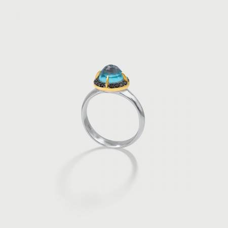 Doublet Crystal Quartz with Turquoise and Black Zircon Gemstones Gold Plated Silver Ring-AlmadiPietra