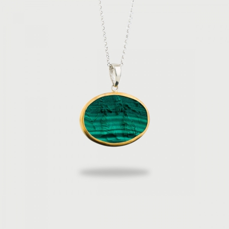 Ancient Greek Carved Malachite in 22K Gold and Silver Pendant with Two Women-AlmadiPietra