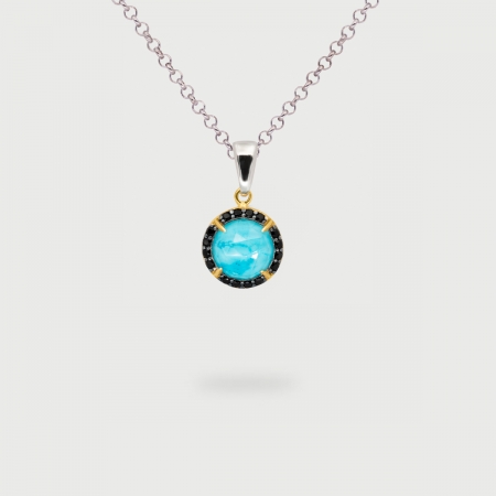 Turquoise Doublet with black Zircon Gemstones Pendant in Gold plated Silver-AlmadiPietra