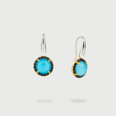 Turquoise Doublet with Black Zircon Gemstones Gold Plated Silver Drop Earrings-AlmadiPIetra