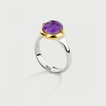 Doublet Crystal Quartz with Amethyst Gold Plated Silver Ring-AlmadiPietra