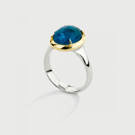 Oval doublet Crystal Quartz with Apatite Gold Plated Silver Ring-AlmadiPietra
