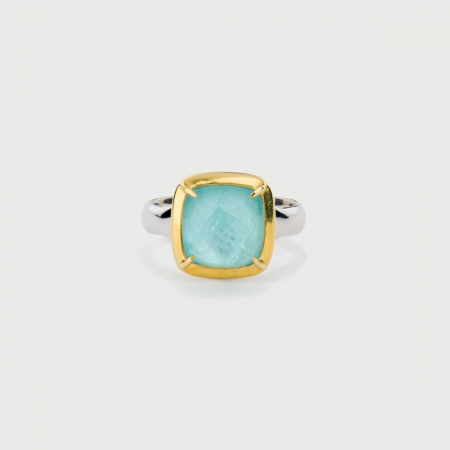 Doublet Crystal Quartz with Aquamarine Gold Plated Silver Ring-AlmadiPietra