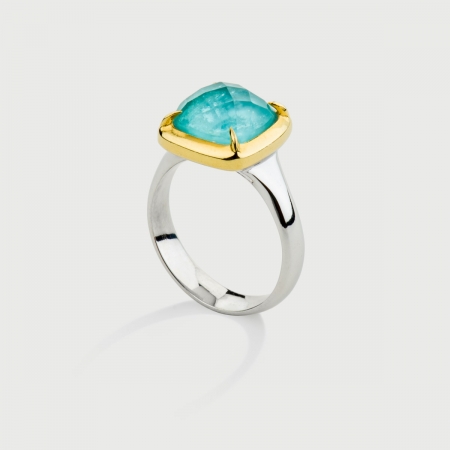 Doublet Crystal Quartz with Aquamarine Gold Plated Silver Ring-AlmadiPietra