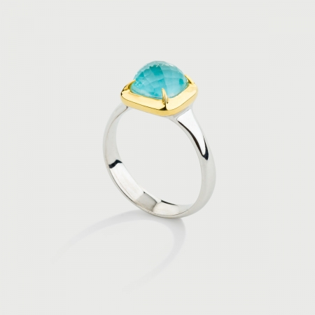 Doublet Crystal Quartz with Aquamarine Gold Plated Silver Ring -AlmadiPietra