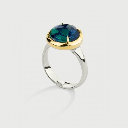 Doublet Crystal Quartz with Azurite Gold Plated Silver Ring-AlmadiPietra