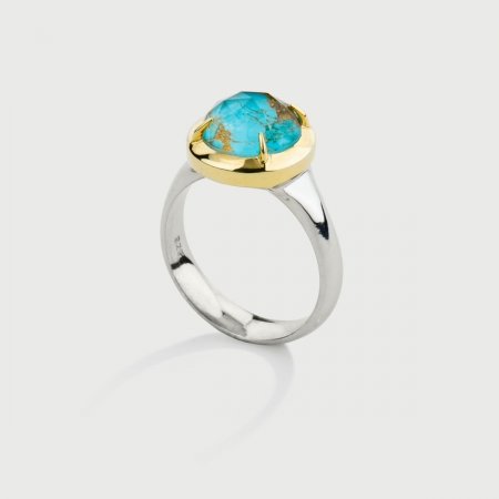 Doublet Crystal Quartz with Turquoise and Copper Gold Plated Silver Ring-AlmadiPietra